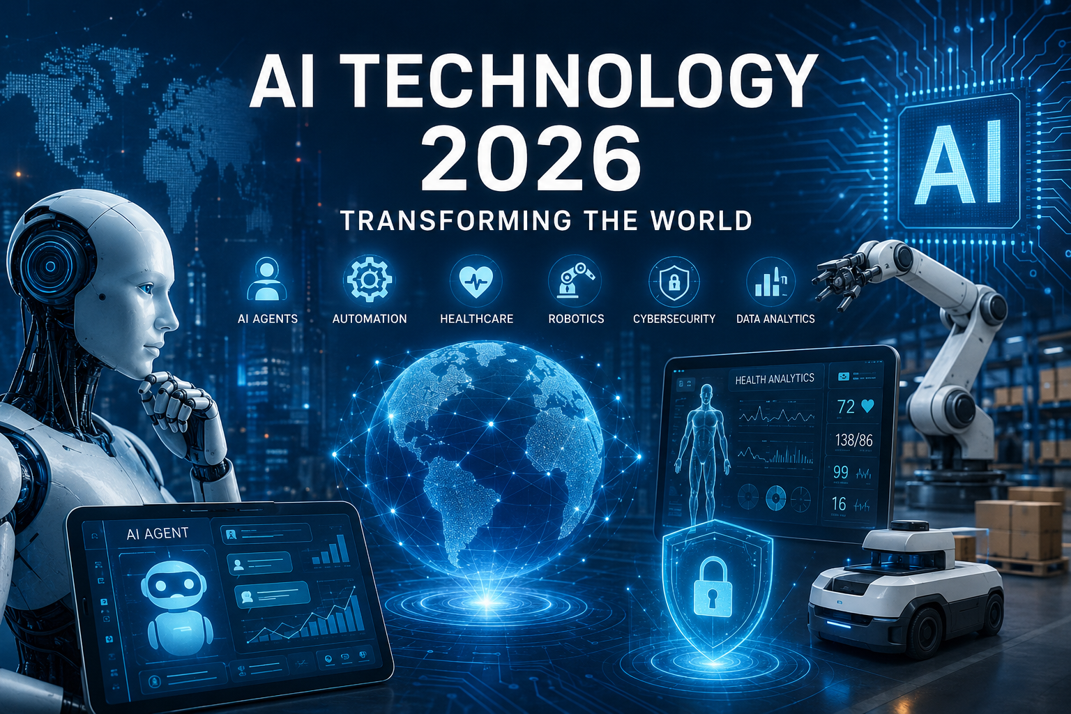 Advanced artificial intelligence system analyzing global data with futuristic digital interface and AI-powered robotics.