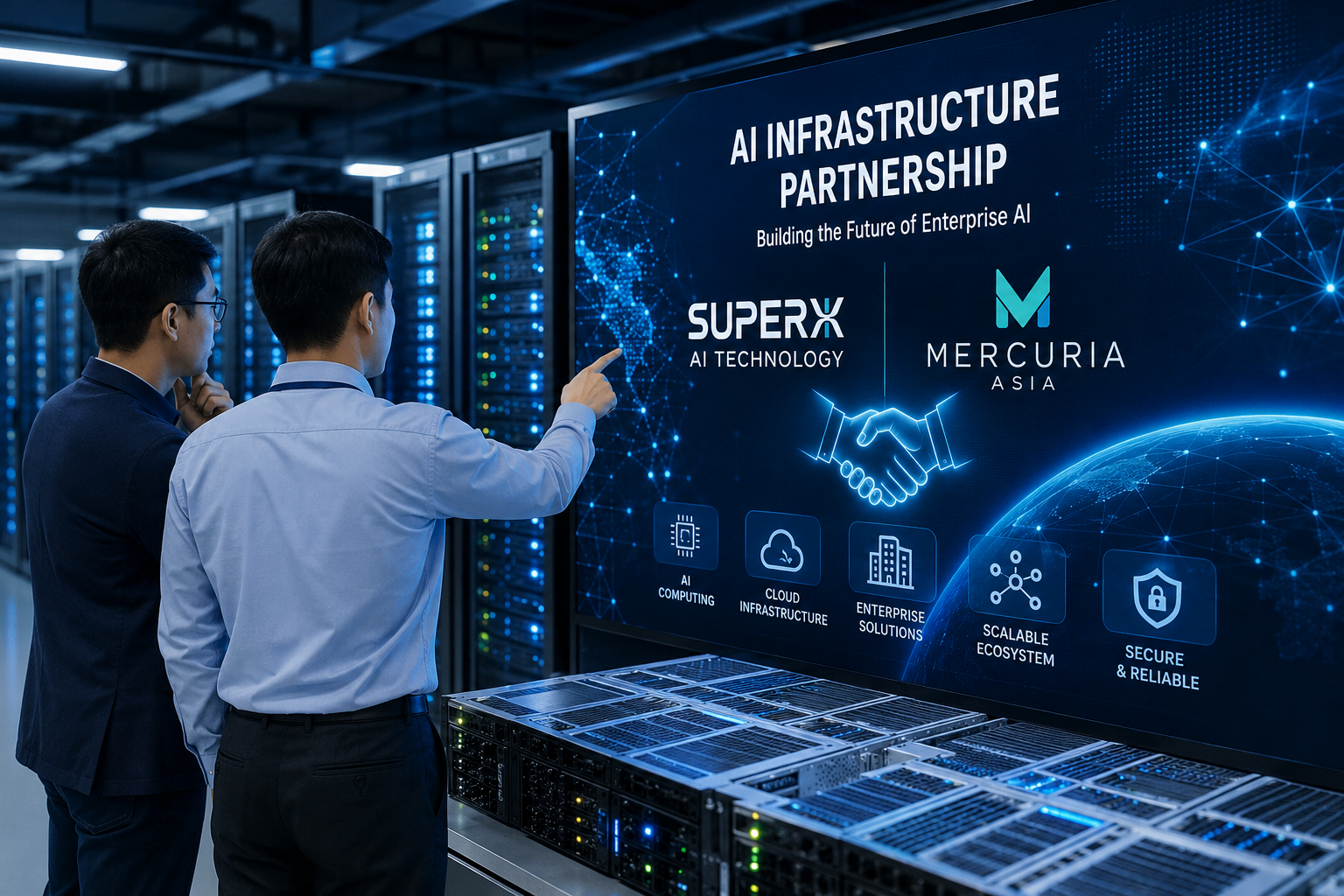 Engineers monitoring advanced AI servers and high-performance computing infrastructure inside a modern data center.